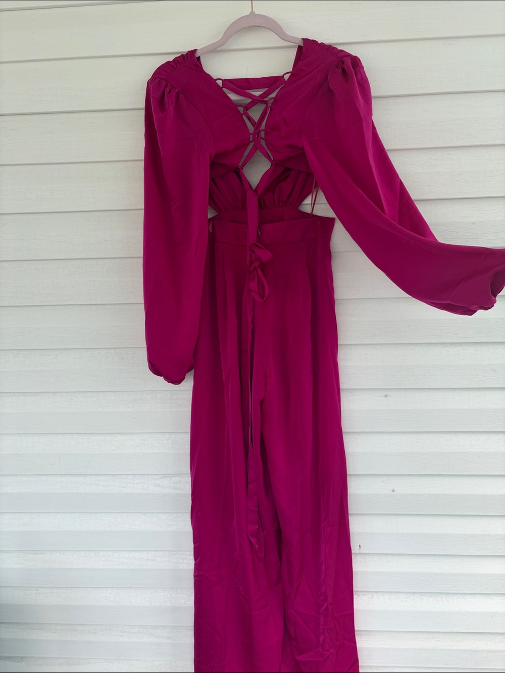 NWT AKIRA Hot Pink Satin Jumpsuit with Lace-Up Back Glam Wide Leg Statement - Picture 10 of 16